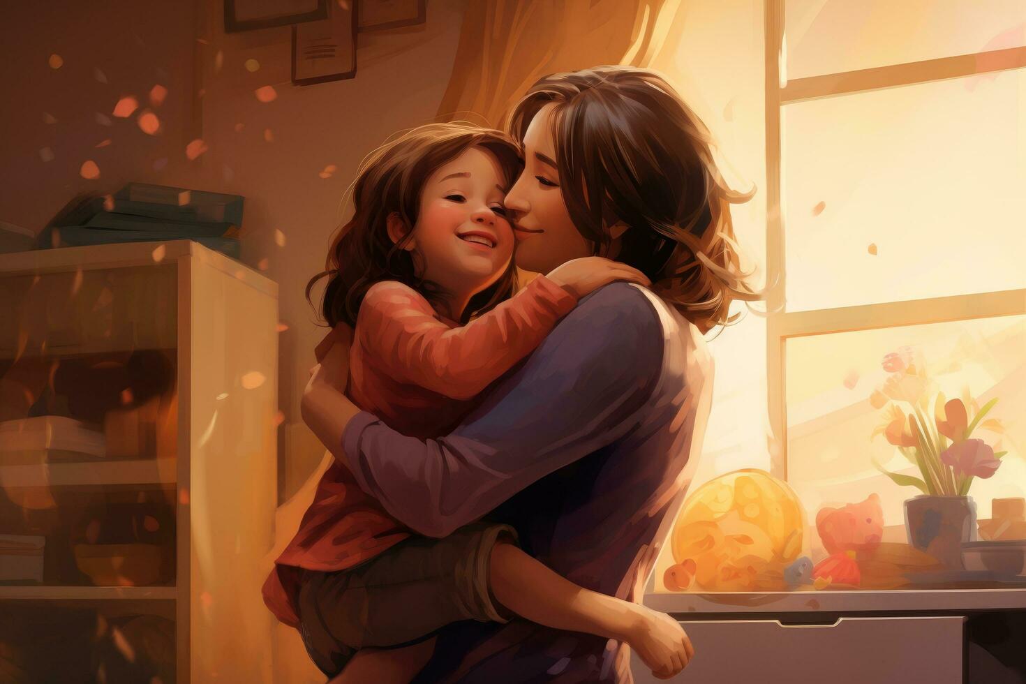 AI generated Portrait of mother and daughter hugging and looking at each other at home, hug in home and weekend play time lifestyle for mom parent, AI Generated photo