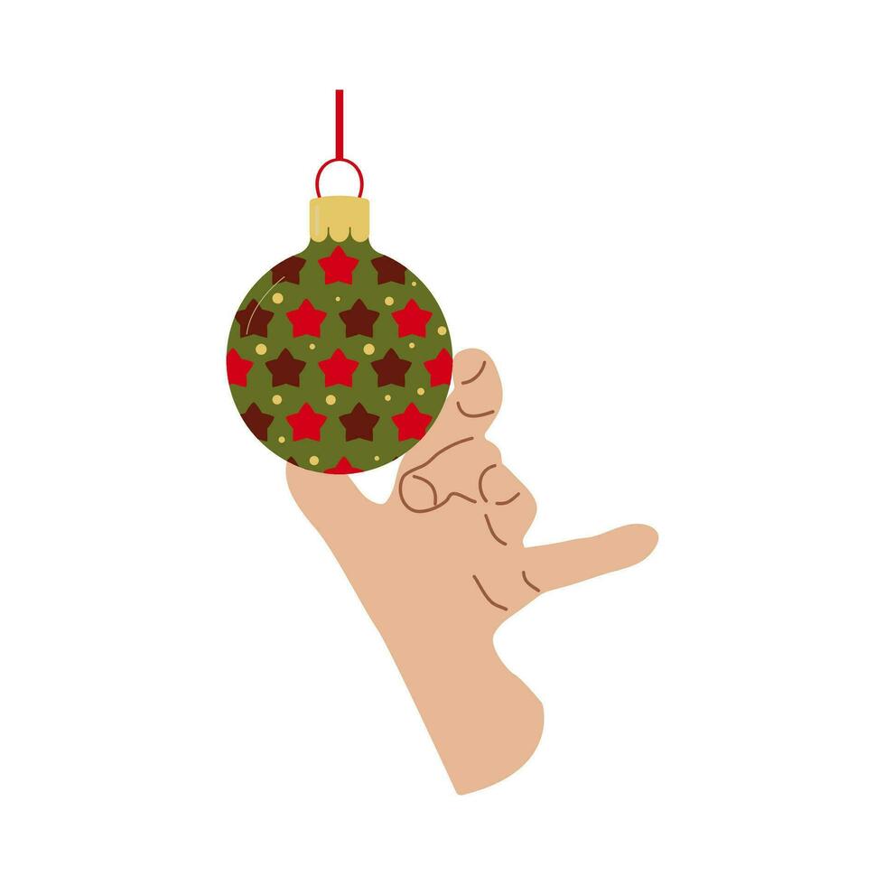 Holiday home decoration hand with Christmas ball Design for banner, web. Ball with stars.. Vector illustration...