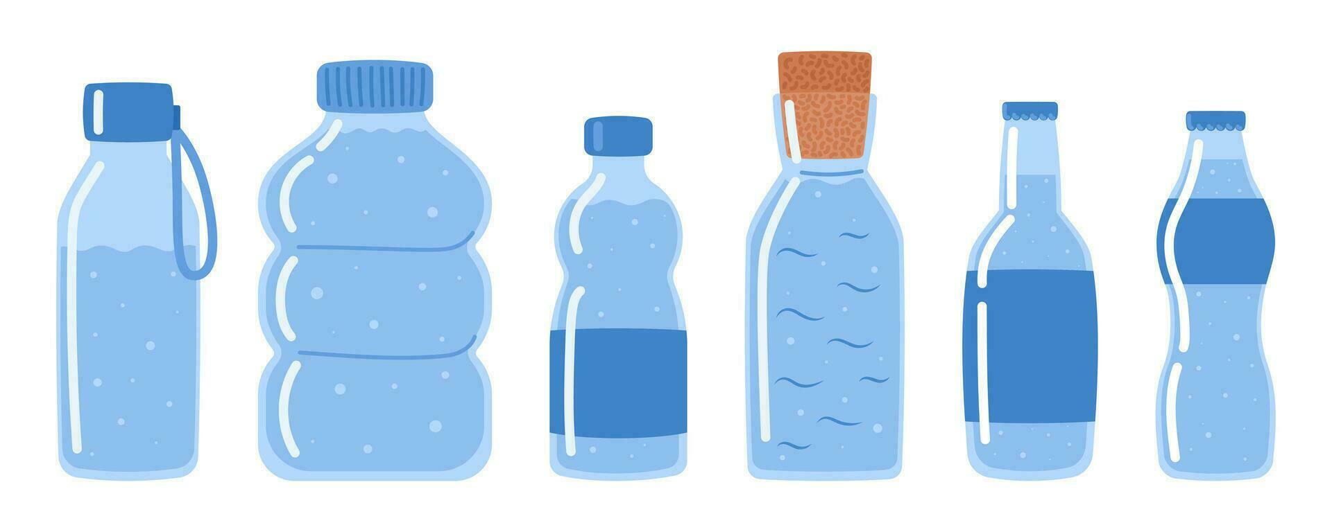 agua colocar. Bebiendo agua en diferente el plastico y vaso botellas h2o. vector ilustración en garabatear estilo