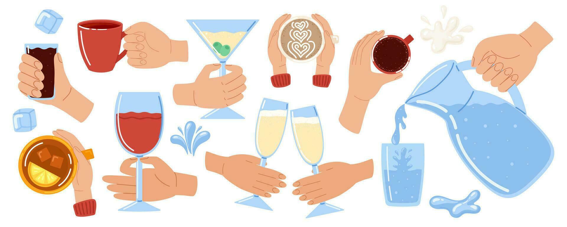 Hands holding different drinks and beverages. Water, tea, coffee, cocoa, soda, wine, champagne, martini. Water drops, ice cubes and splash. Vector illustration in doodle style