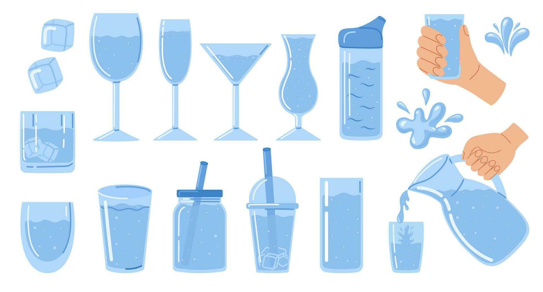 Water set. Drinking water in different plastic and glass glasses, goblet, decanter. Water drops, ice cubes and splash. H2O. Vector illustration in doodle style