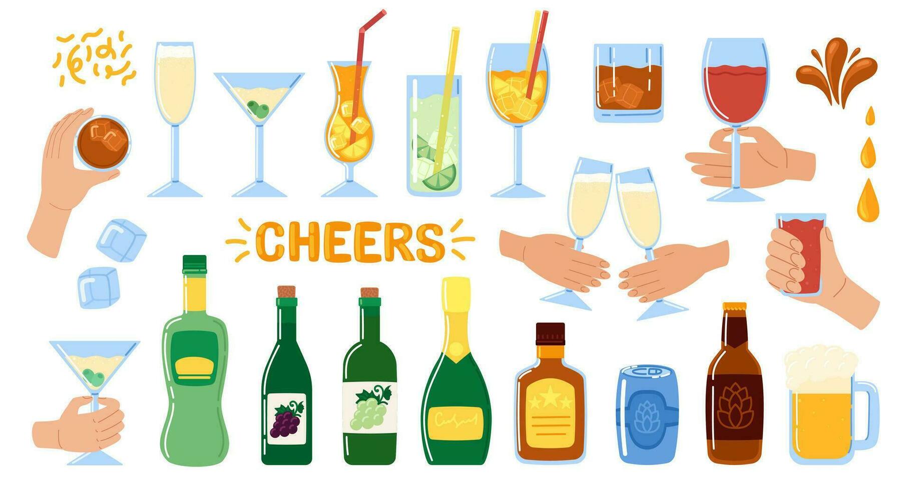 Alcohol drinks collection. Alcoholic bottles and glasses. Alcohol cocktail drinks, wine, champagne, beer, martini, whiskey, gin and cognac. Vector illustration in doodle style