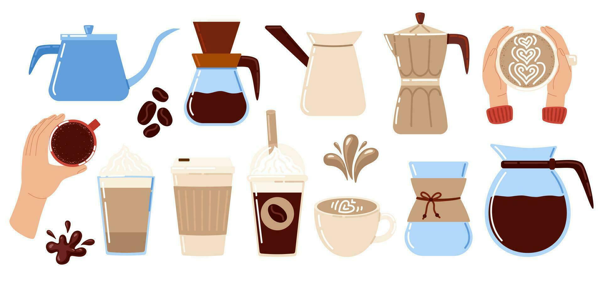 caliente y frío café bebida. colección café elementos. Café exprés café, capuchino y latté. francés prensa, taza, taza, pava. café tienda. vector ilustración en garabatear estilo