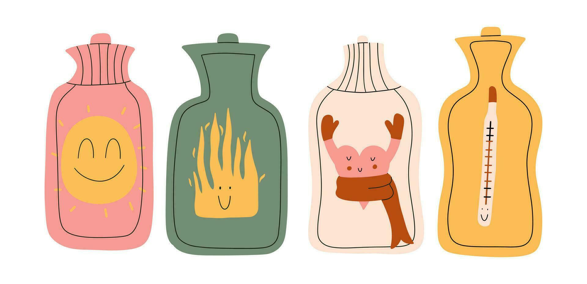 Hot-water bottle set. Hand draw illustration. vector