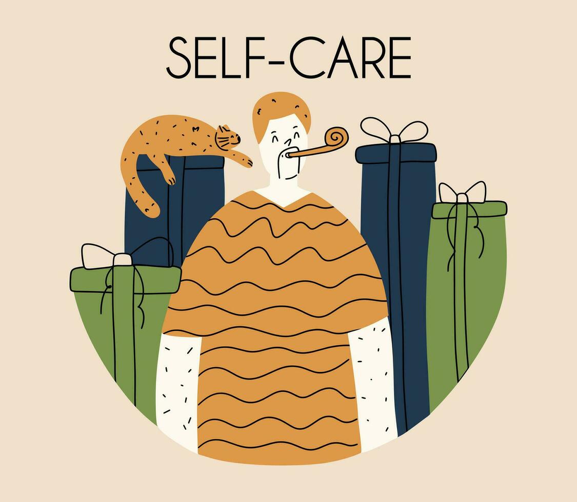 Self care concept. Man alone with petgave himself a feast. Holiday for yourself. vector