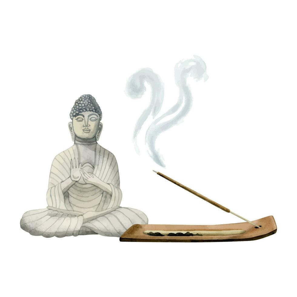 Buddha figurine with burning aroma stick in stand vector