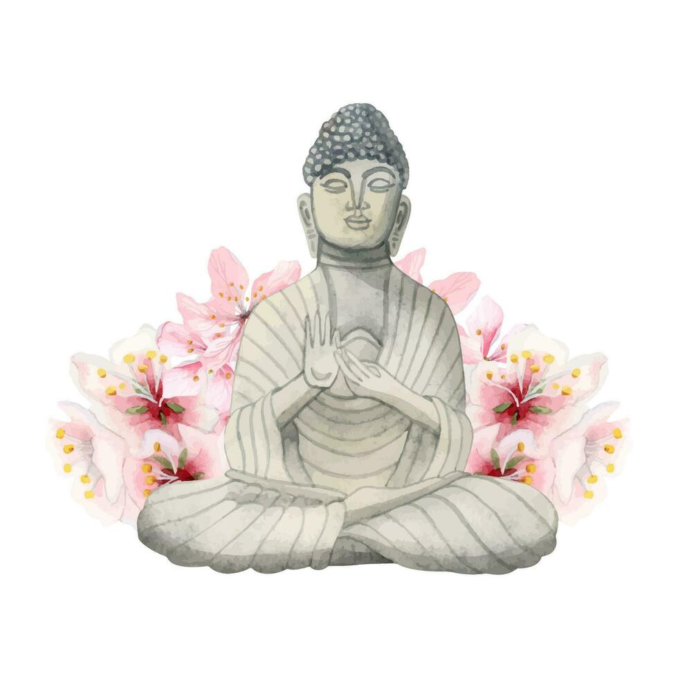 Buddha stone figurine with pink spring flowers vector