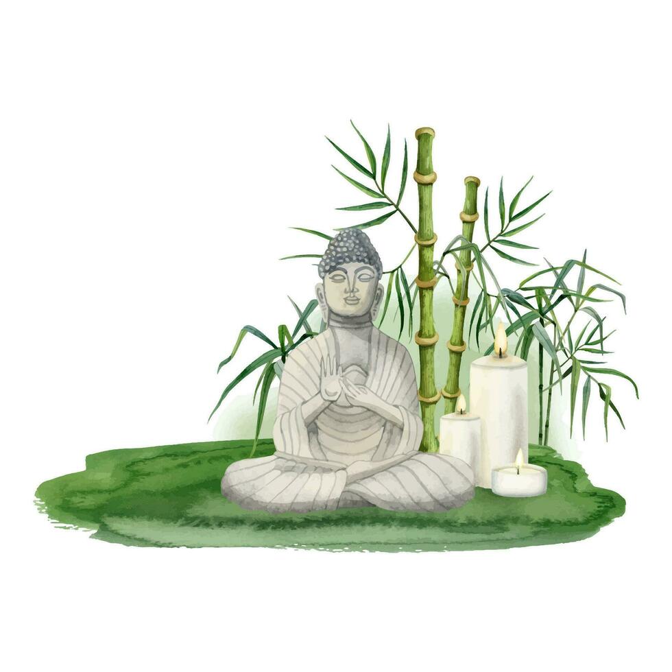 Meditating Buddha with burning candles in bamboo vector