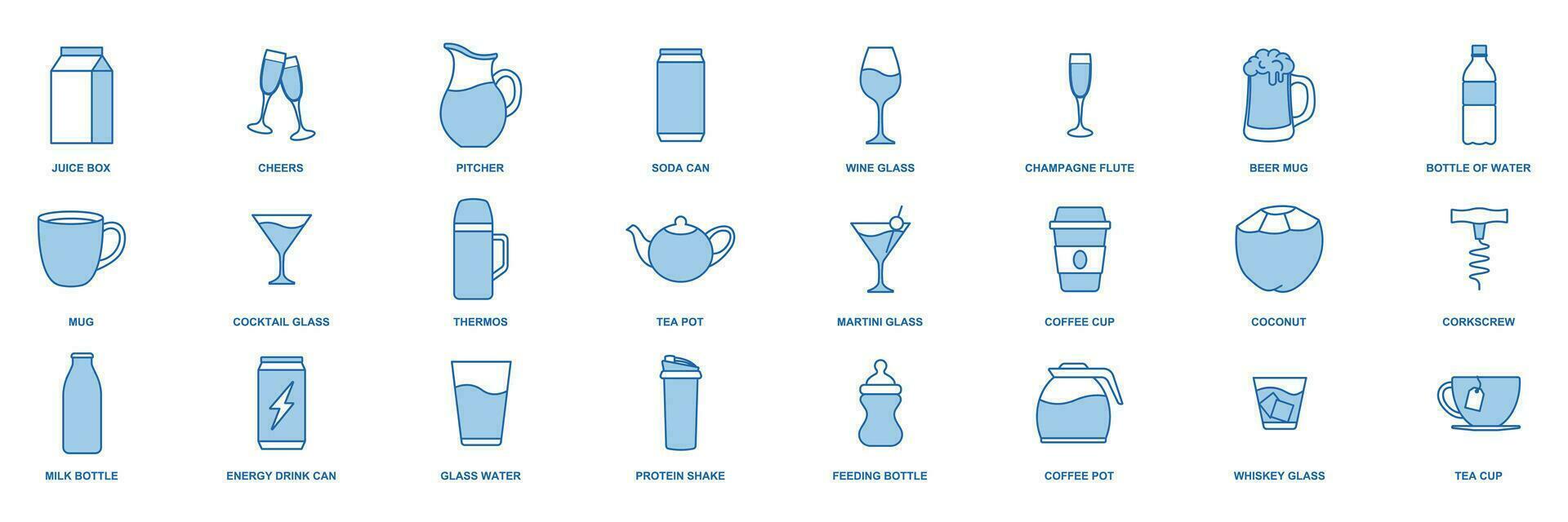 bebida icono colocar, incluido íconos como cerveza taza, carpeta, té maceta, Leche botella y más símbolos recopilación, logo aislado vector ilustración