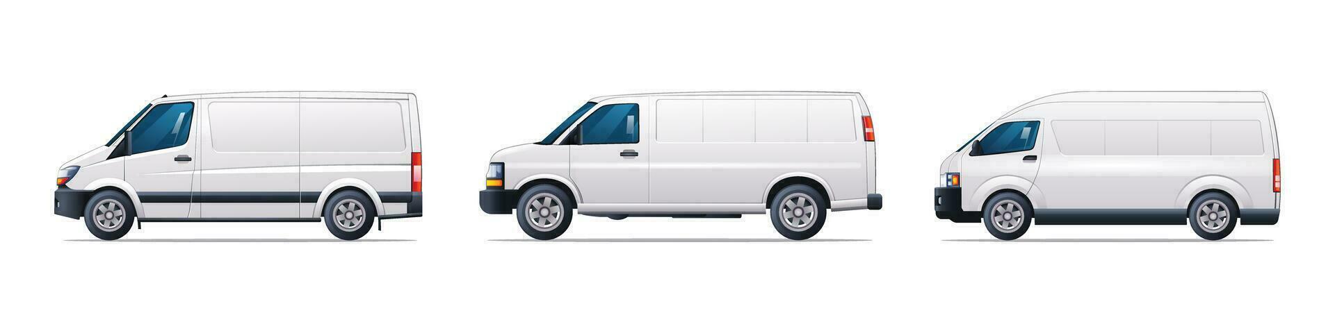 Set of van cars in different types. Cargo van collection side view vector illustration