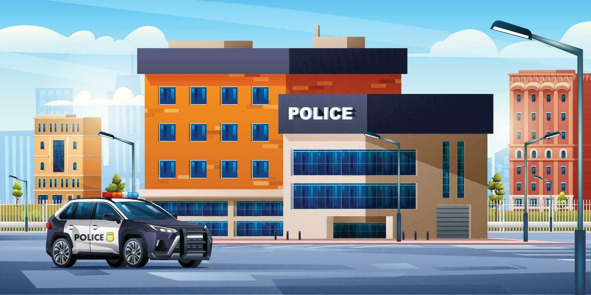 Police station building with patrol car on cityscape background. Police department office. City landscape vector cartoon illustration