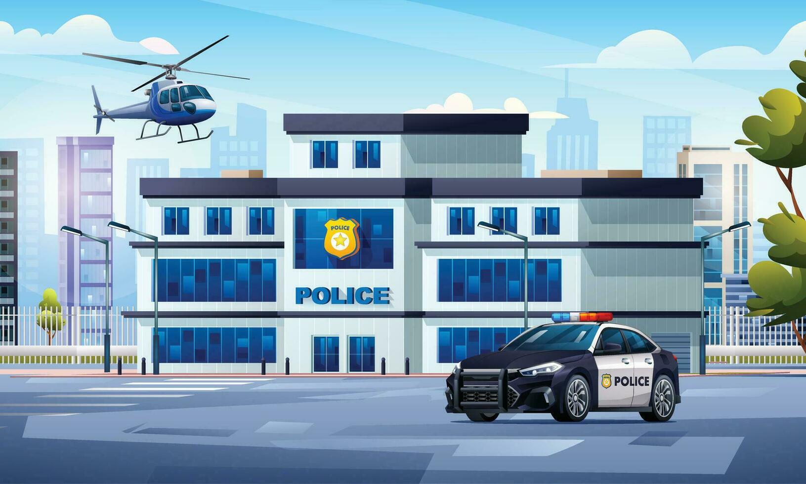 Police station building with patrol car and helicopter in city landscape. Police department office. Cityscape background vector cartoon illustration