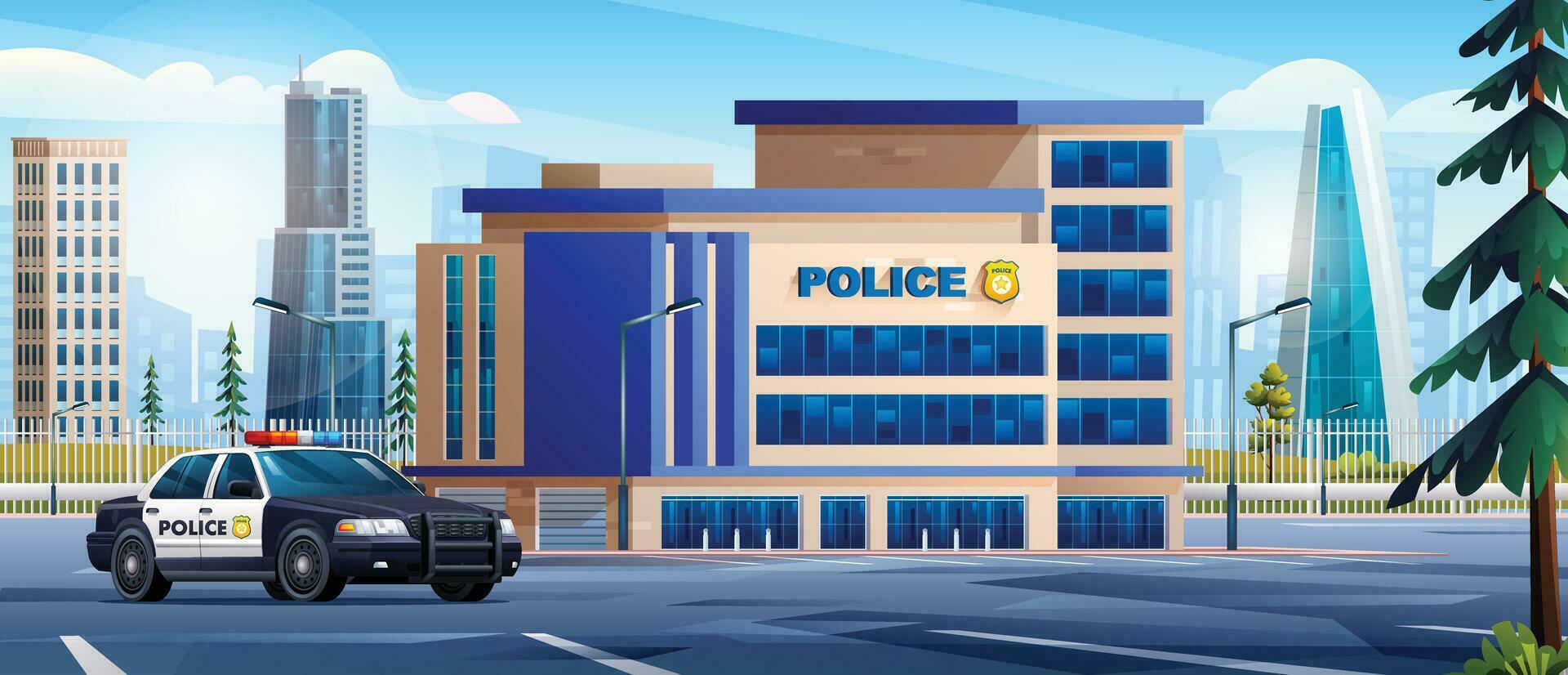 Police station building with patrol car and city landscape. Police department office on cityscape background vector illustration