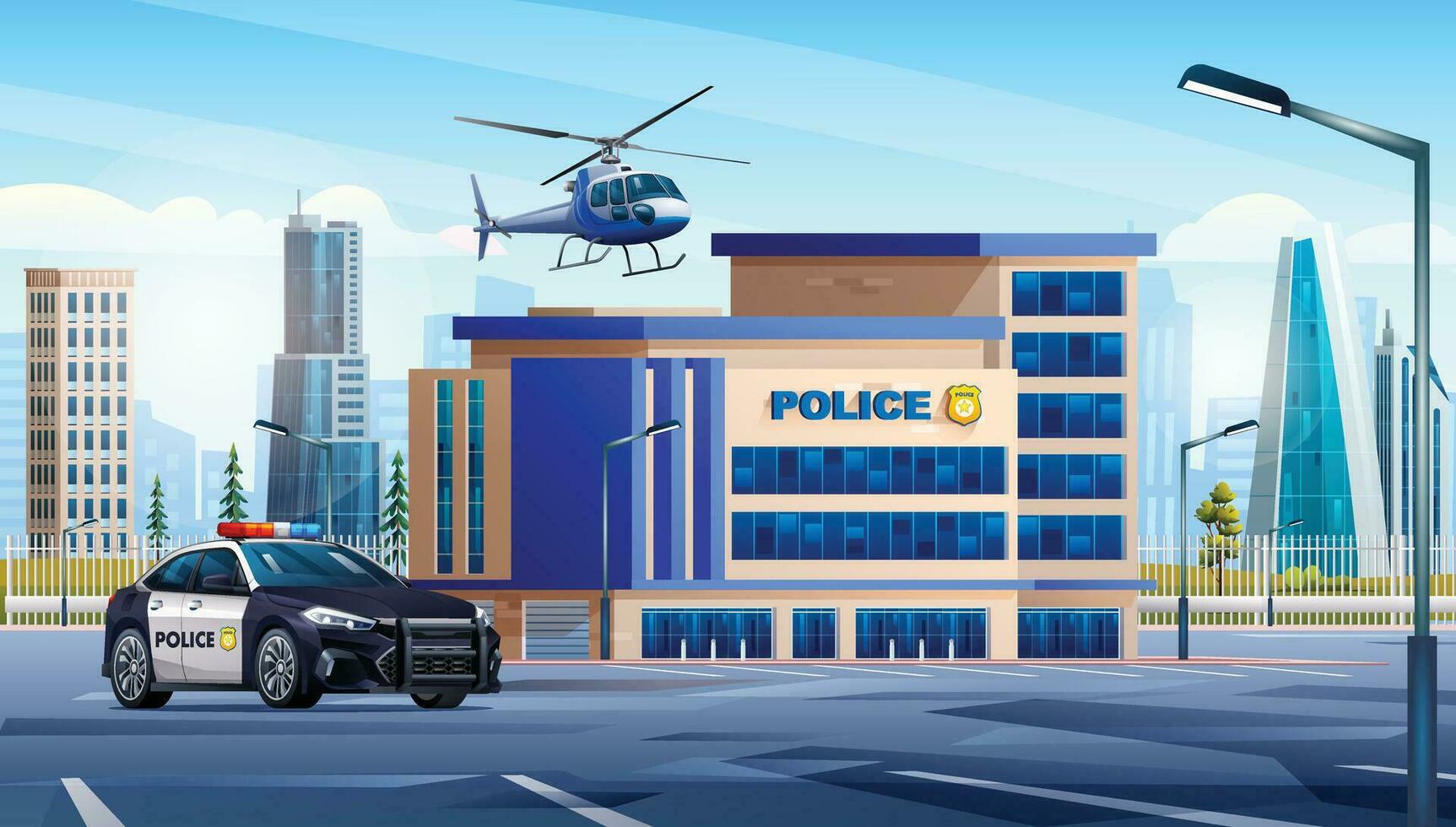 Police station building with patrol car and helicopter in city landscape. Police department office on cityscape background vector cartoon illustration