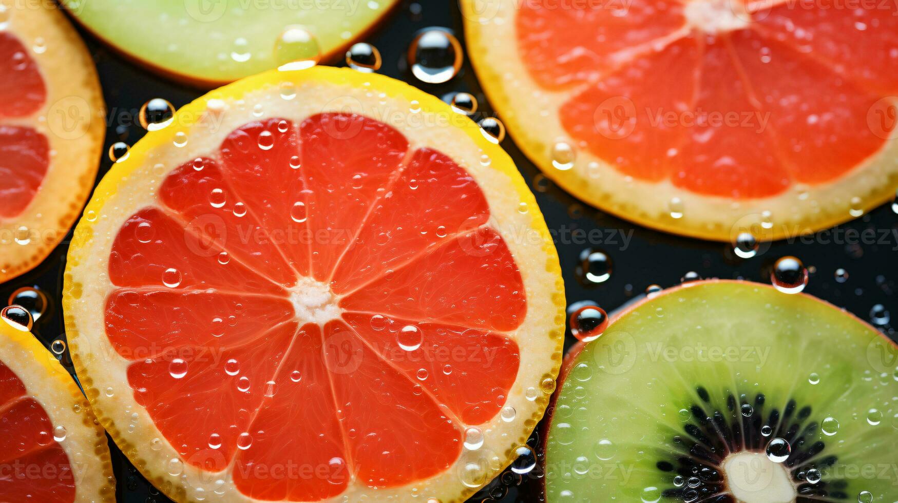 AI generated Citrus and Kiwi Slices with Water Droplets Close-up photo