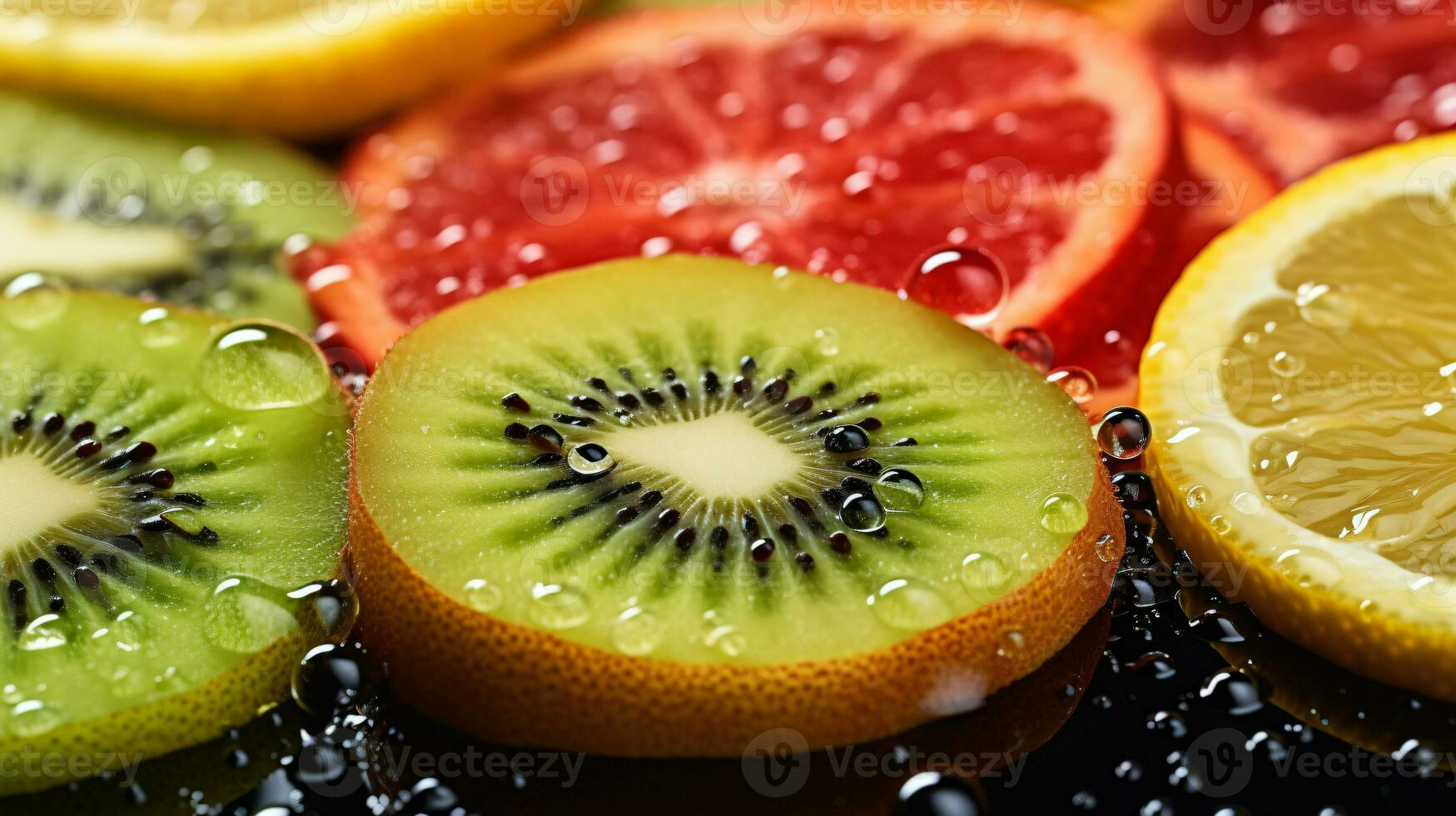 AI generated Citrus and Kiwi Slices with Water Droplets Close-up photo