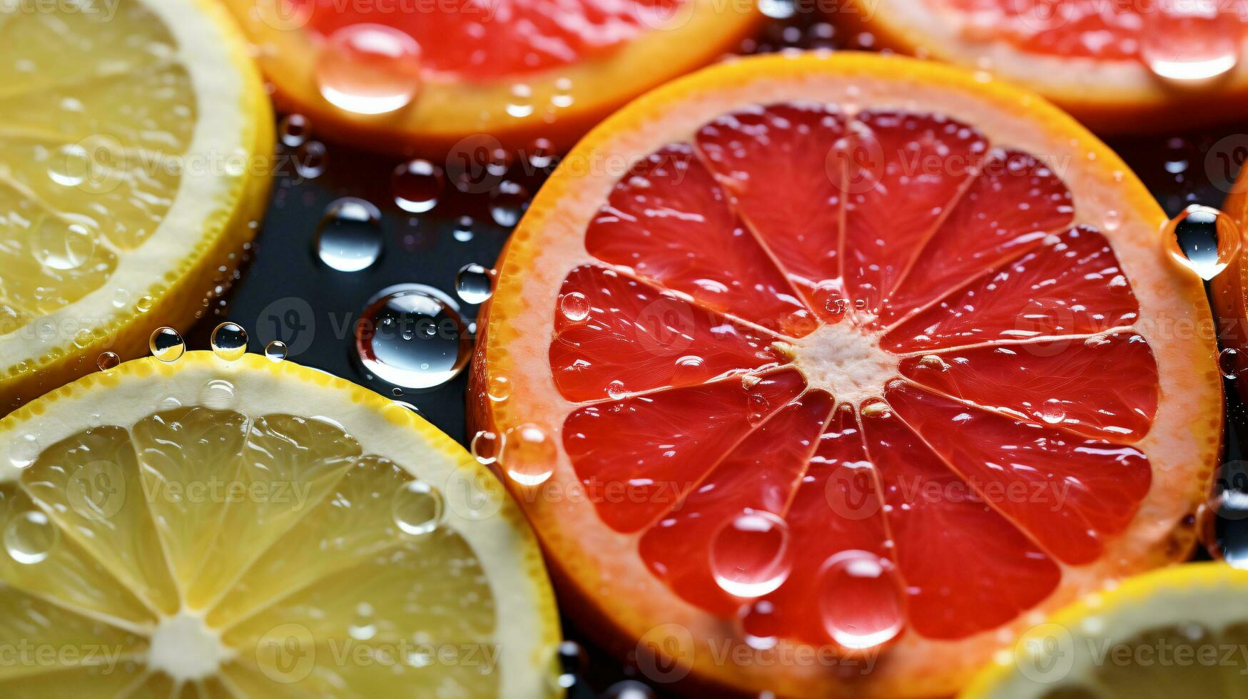 ai generado agrios rebanadas con agua gotas en oscuro superficie foto