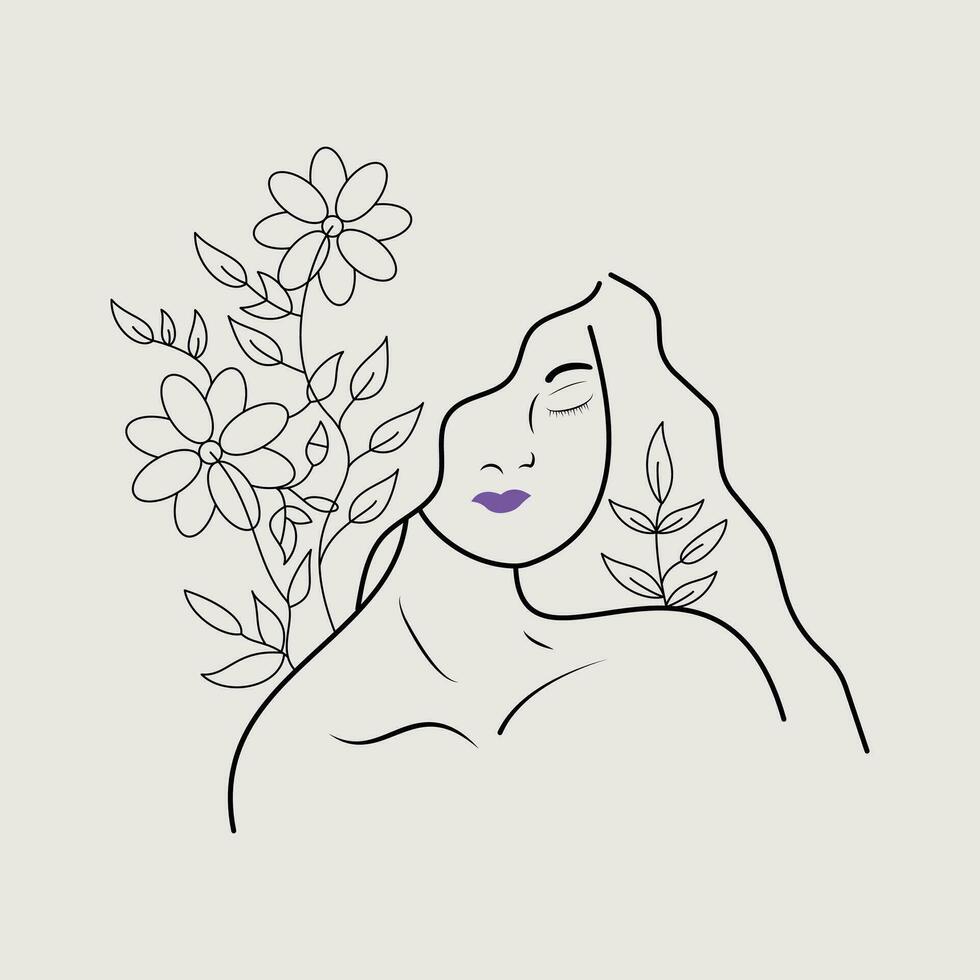 girl with flower line art vector