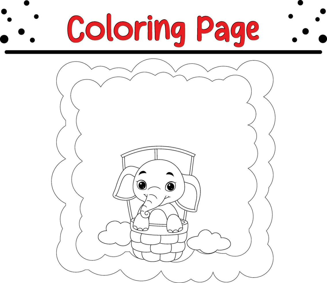 Coloring page baby elephant riding hot air balloon vector