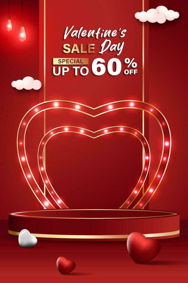 Product podium set poster design. Valentine's Day theme. Discounts up to 60 percent vector