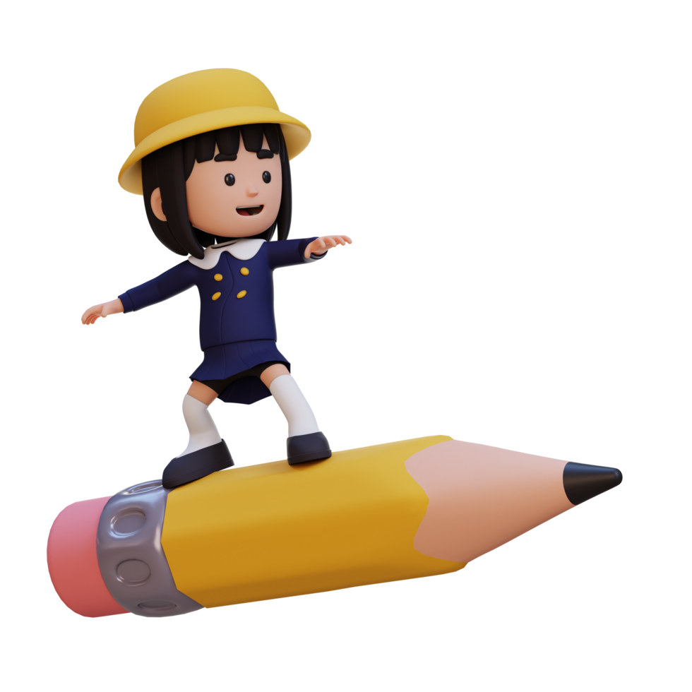 3D girl character standing riding a pencil png