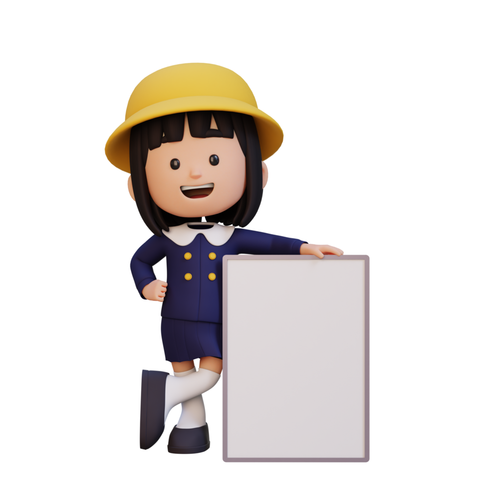 3D girl character holding a blank placard png