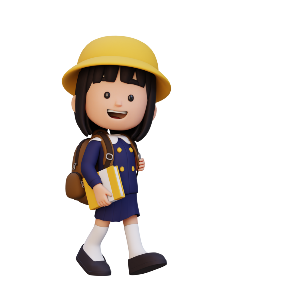3D happy girl character walking go to school holding book png