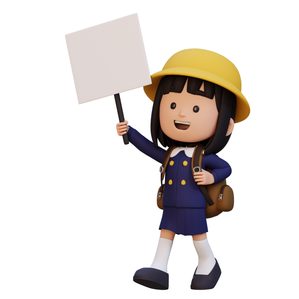 3D girl character holding a blank placard png