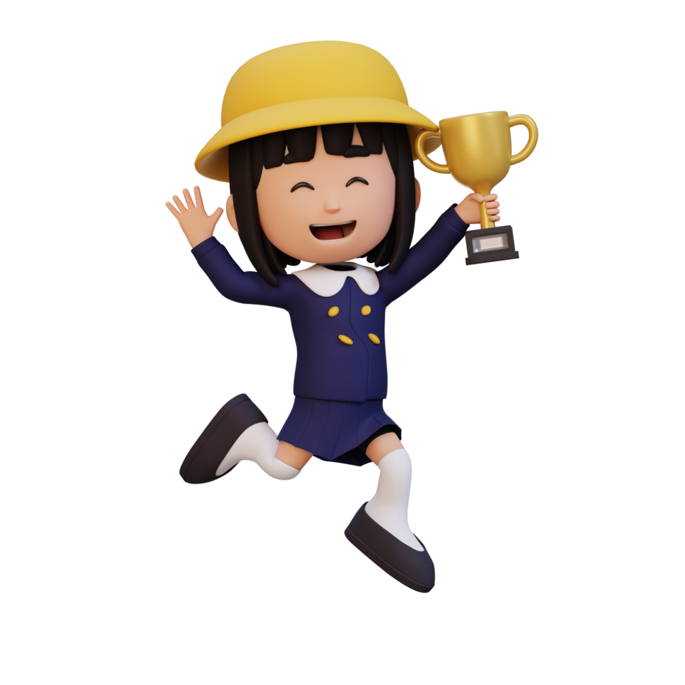 3D girl character celebrating win holding a trophy png