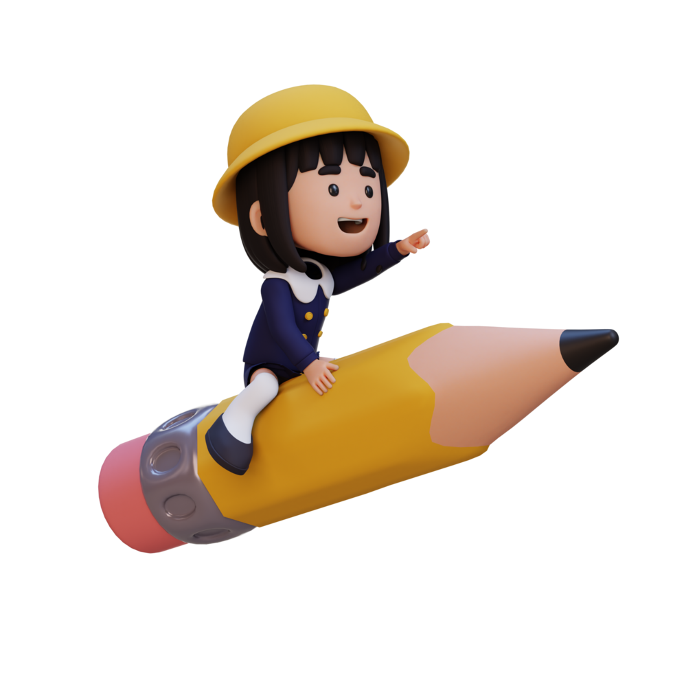 3D girl character riding a pencil and pointing hand png