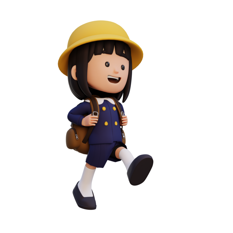 3D happy girl character walking go to school holding bag png