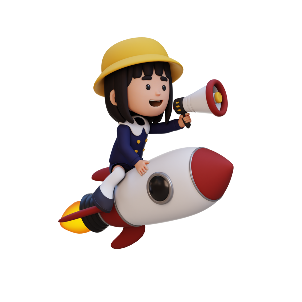 3D girl character riding a rocket and holding megaphone png