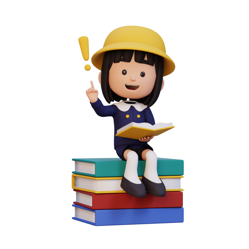 3D girl character get an idea when reading a book png