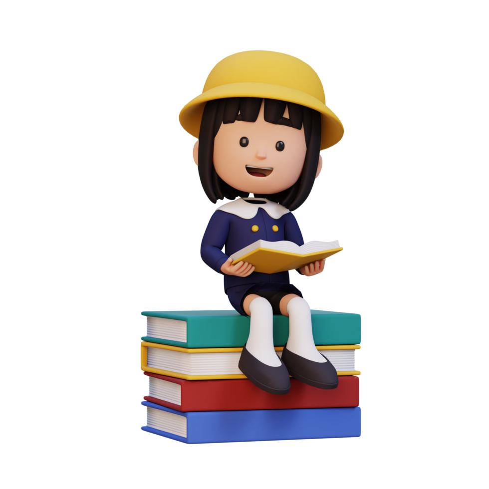 3D happy girl character reading book png