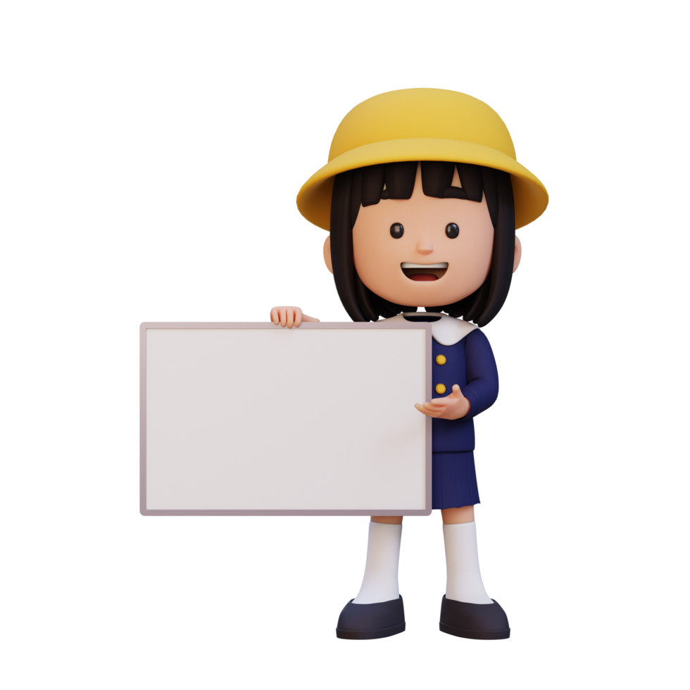 3D girl character holding a blank placard png