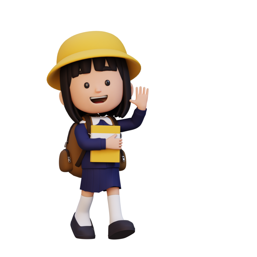 3d feliz menina personagem caminhando ir para escola segurando livro e acenando mão png