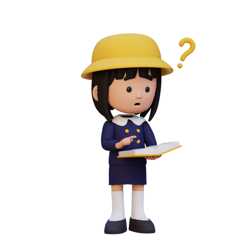3D girl character get confused when reading a book png