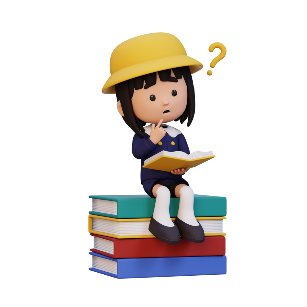3D girl character get confused when reading a book png