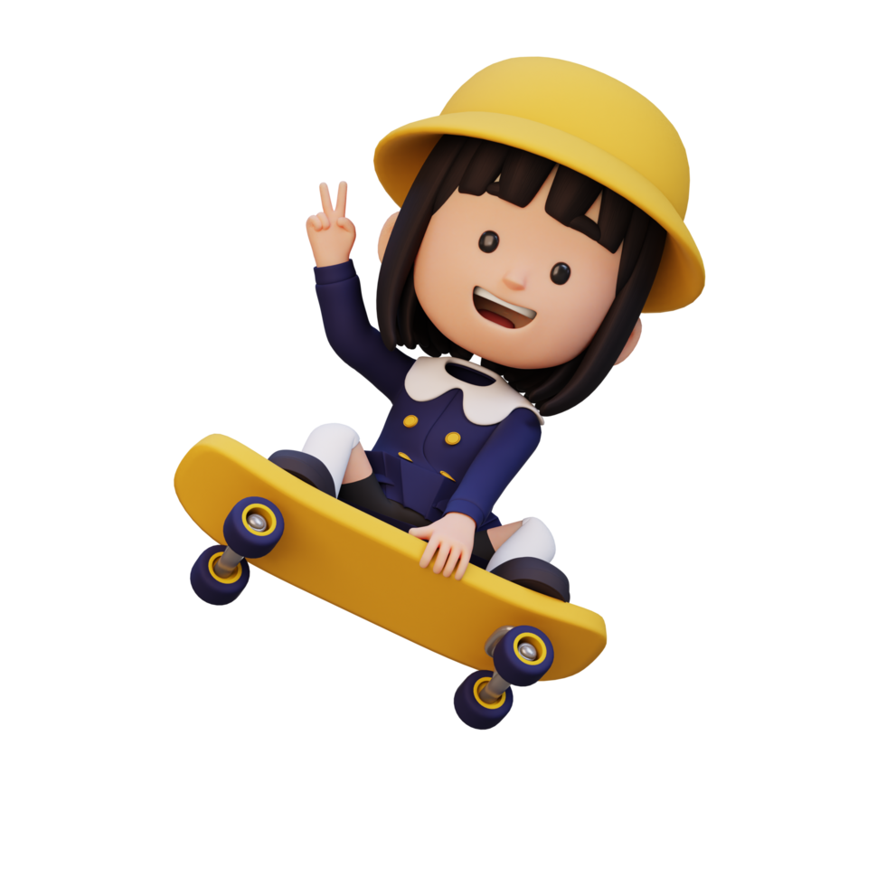 3D girl character ride skateboard png