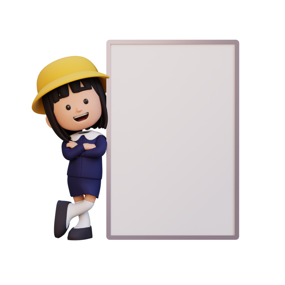 3D girl character holding a blank placard png