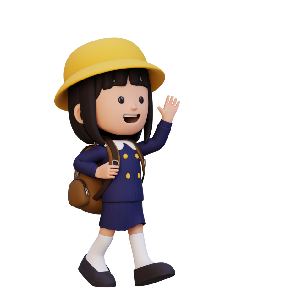 3D happy girl character walking and waving hand png