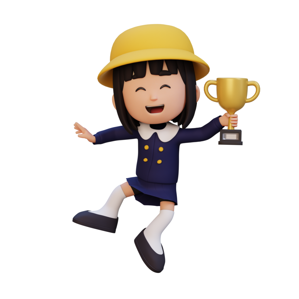 3D girl character celebrating win holding a trophy png