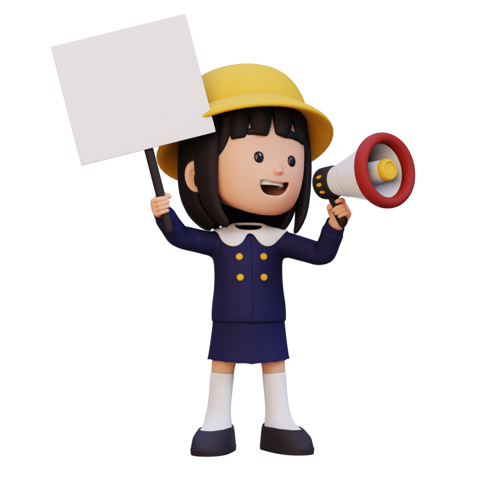 3D girl character holding a blank placard png