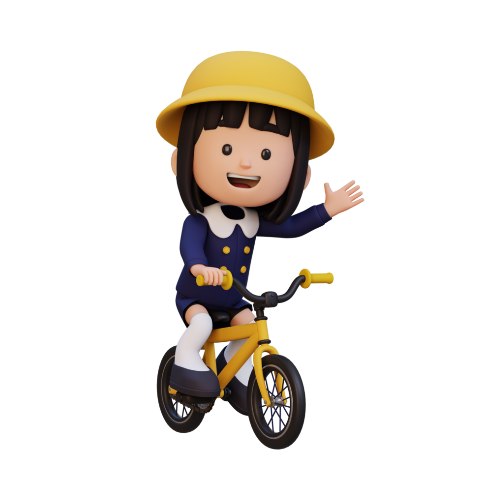 3d flicka karaktär rida cykel gå till skola png