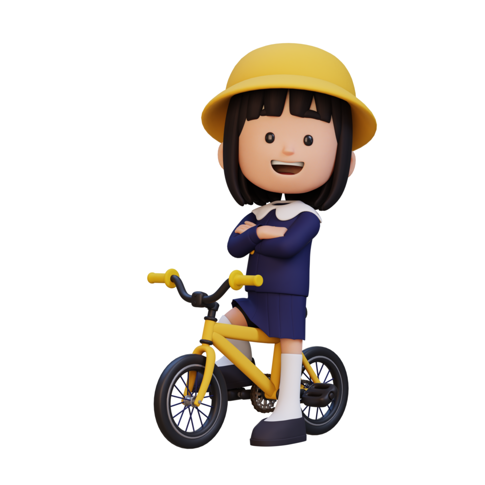3D girl character ride bike go to school png