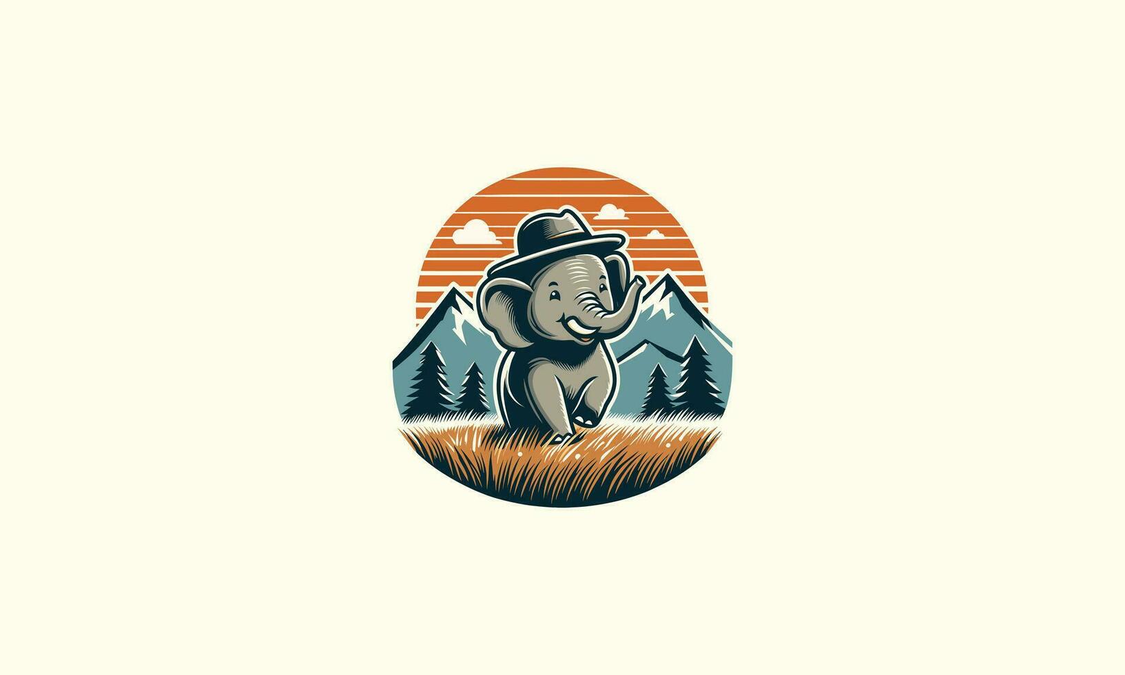 head elephant wearing hat on mountain vector logo design