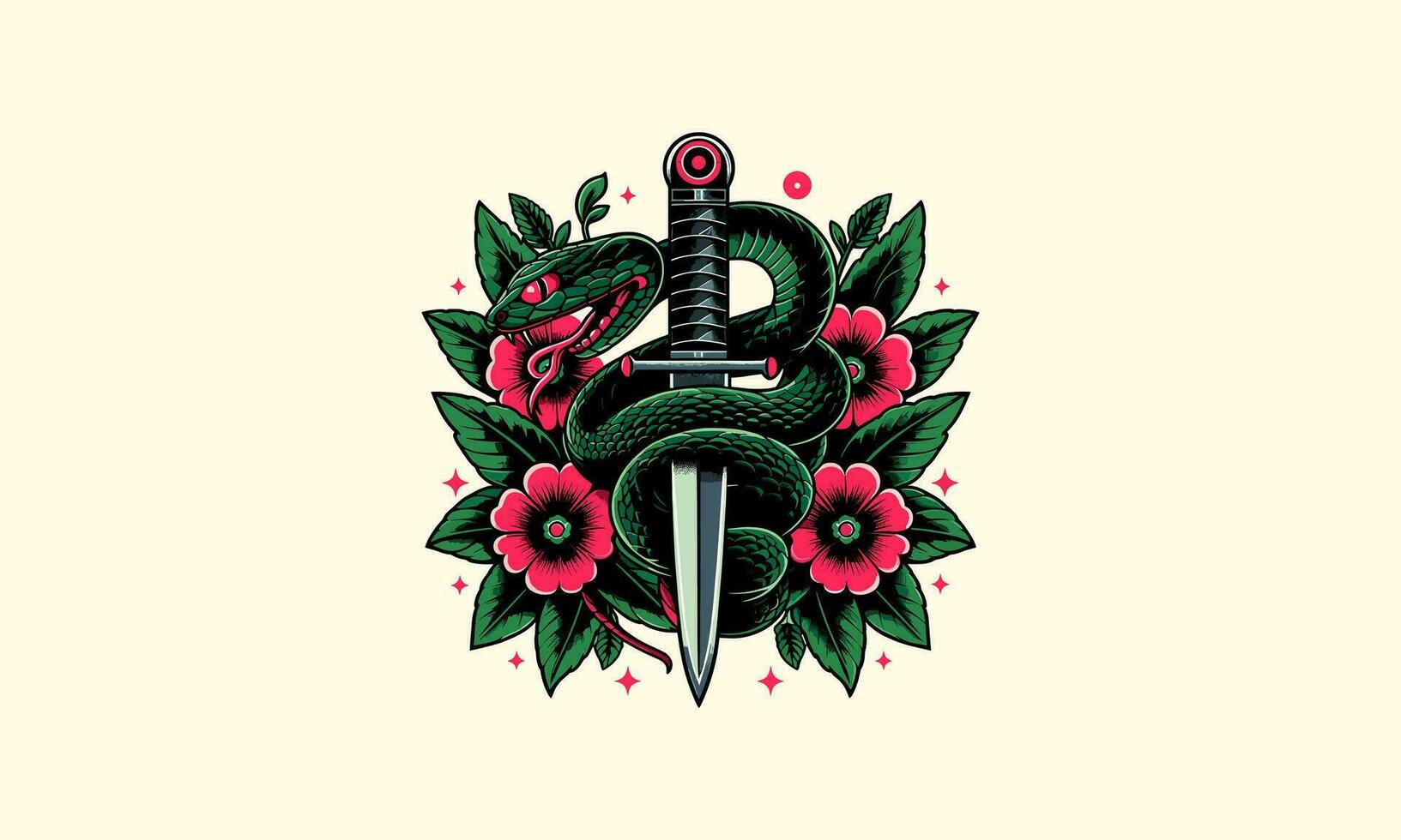 verde serpiente con cuchillo y rojo flores vector obra de arte diseño