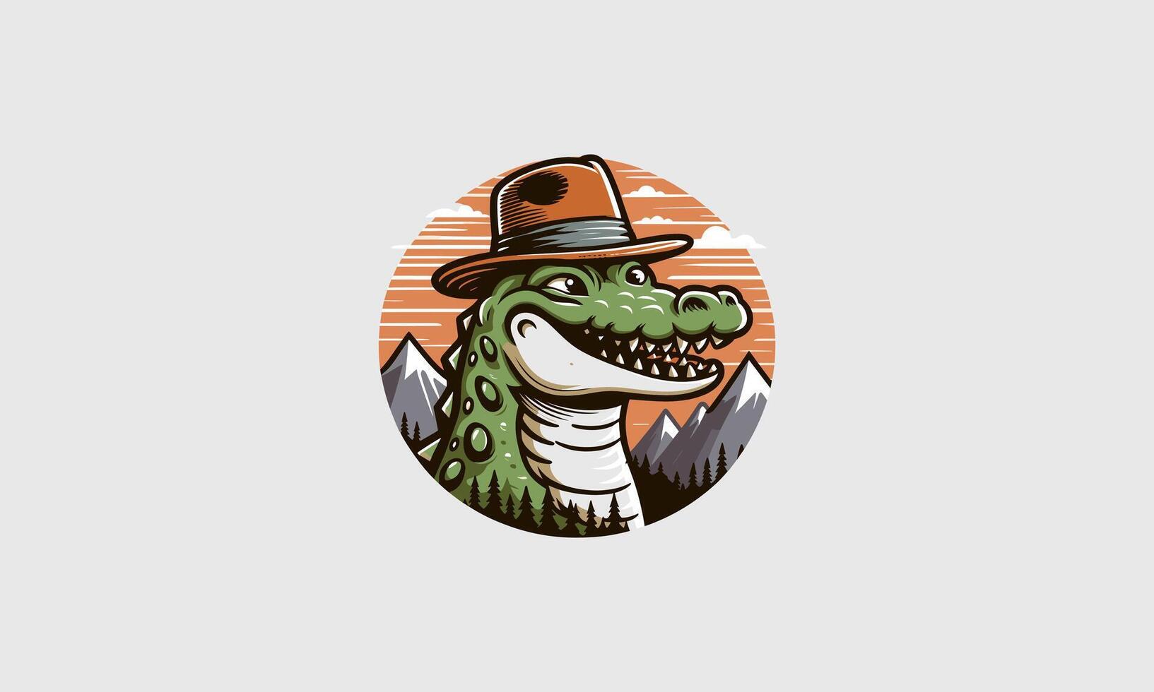 head crocodile wearing hat on mountain vector mascot design