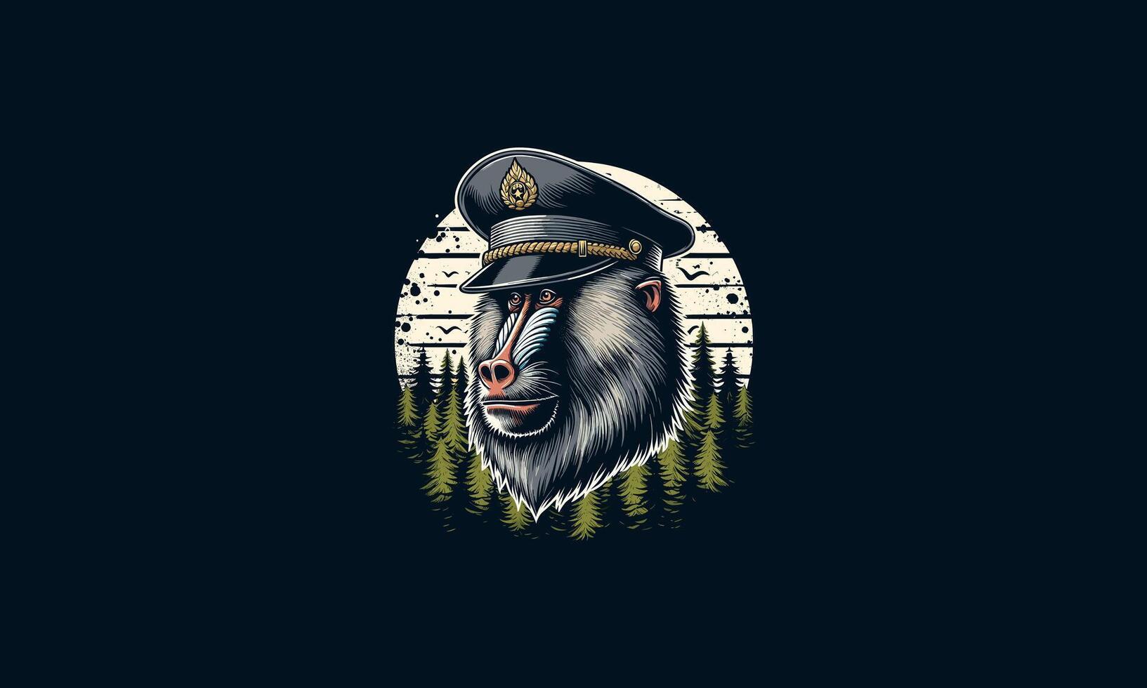 head baboon wearing captain hat on forest vector artwork design