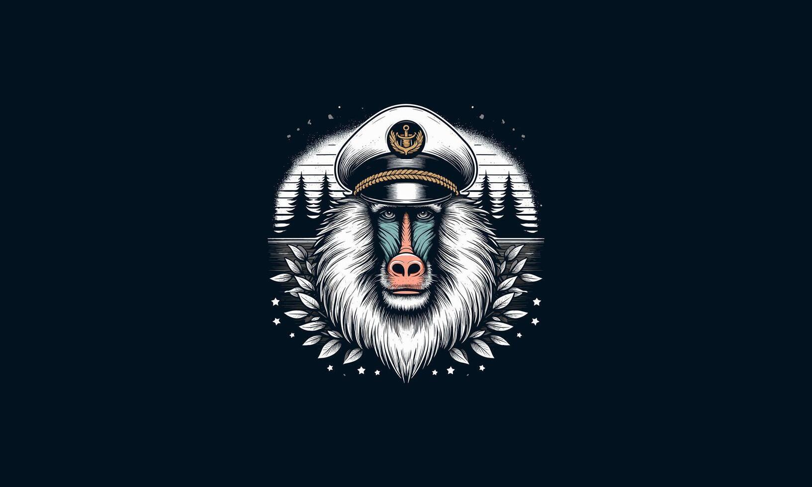 head baboon wearing captain hat on forest vector artwork design